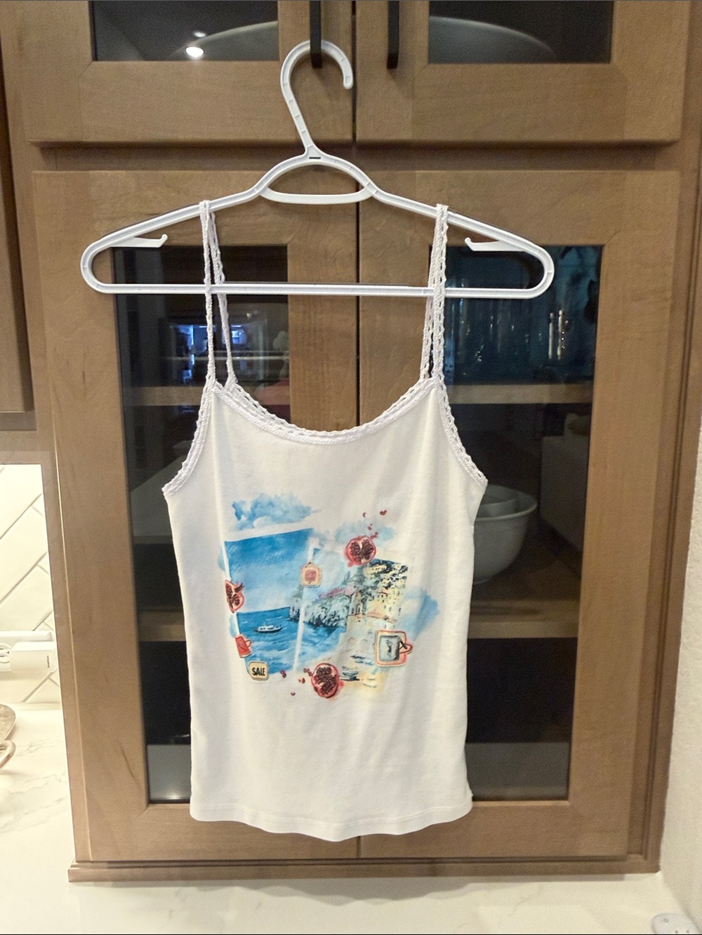 PacSun White Graphic Lace-Trim Camisole with Scenery Print